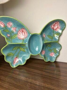 vintage hand painted ceramic floral butterfly party platter tray dish